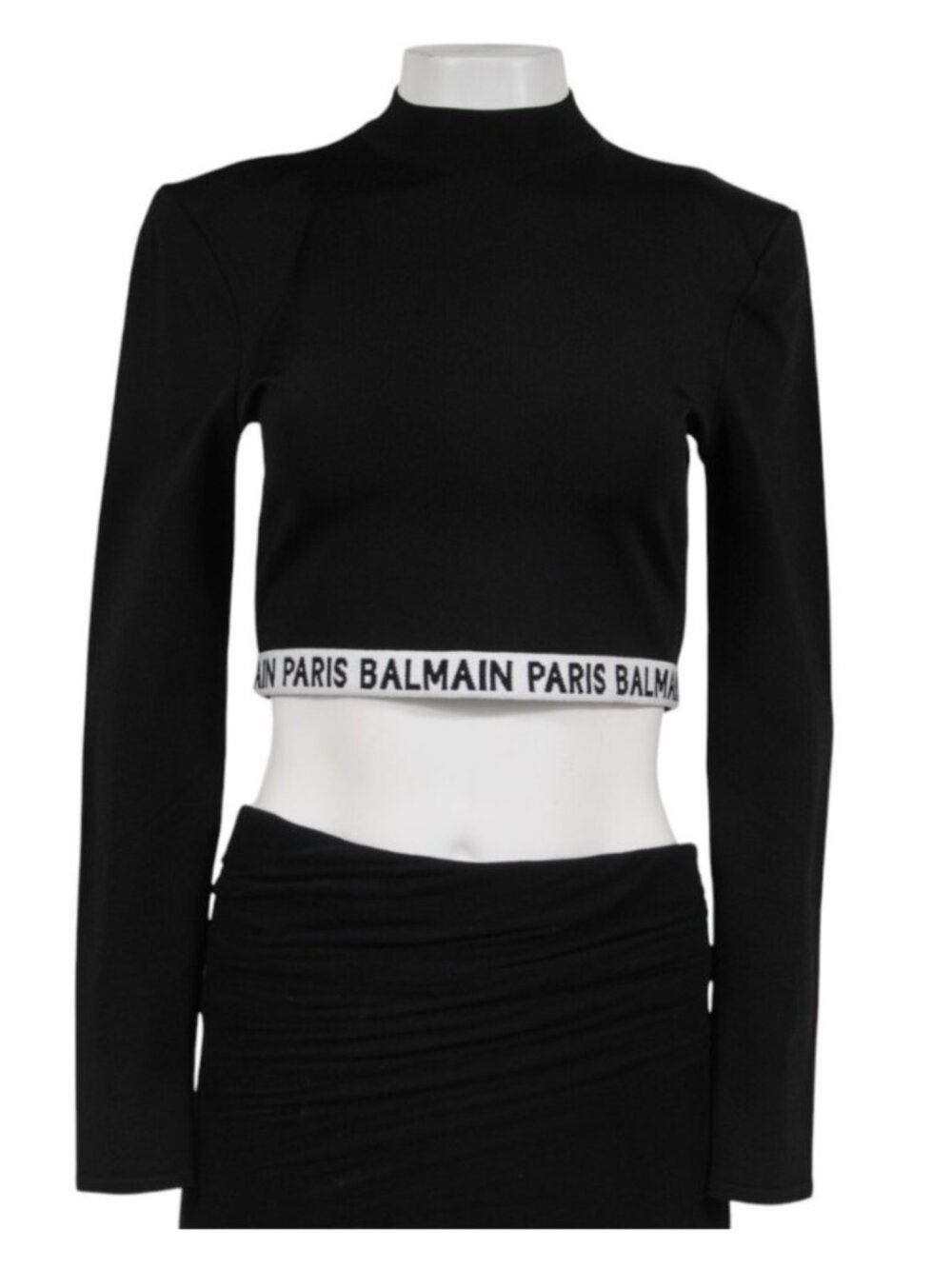 Balmain Logo Tape Long Sleeve Crop Top FR 44 Black White Viscose Long Sleeve
